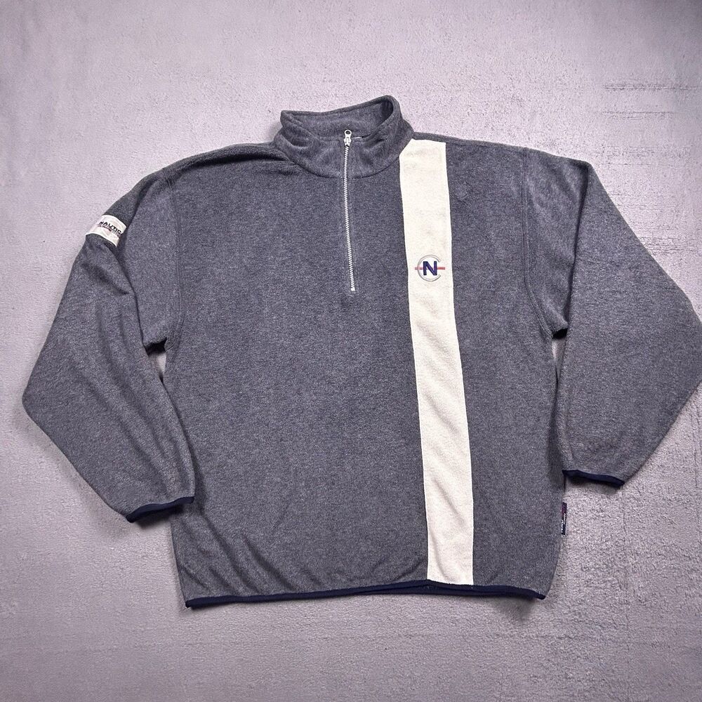 Vintage 90s NAUTICA COMPETITION Fleece 1/4 Zip Pullover Mens XL Grey Striped